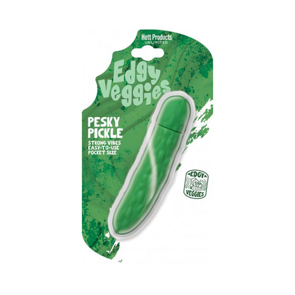 A green pickle-shaped vibrator in its packaging.