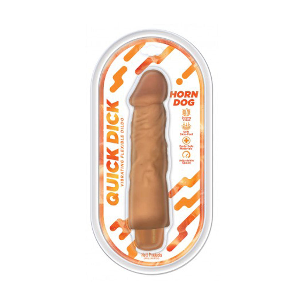 Packaged vibrating dildo with realistic tan design and multi-speed features.