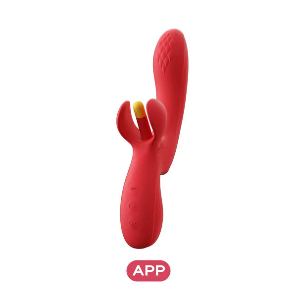 Red vibrator with dual stimulation and app control.