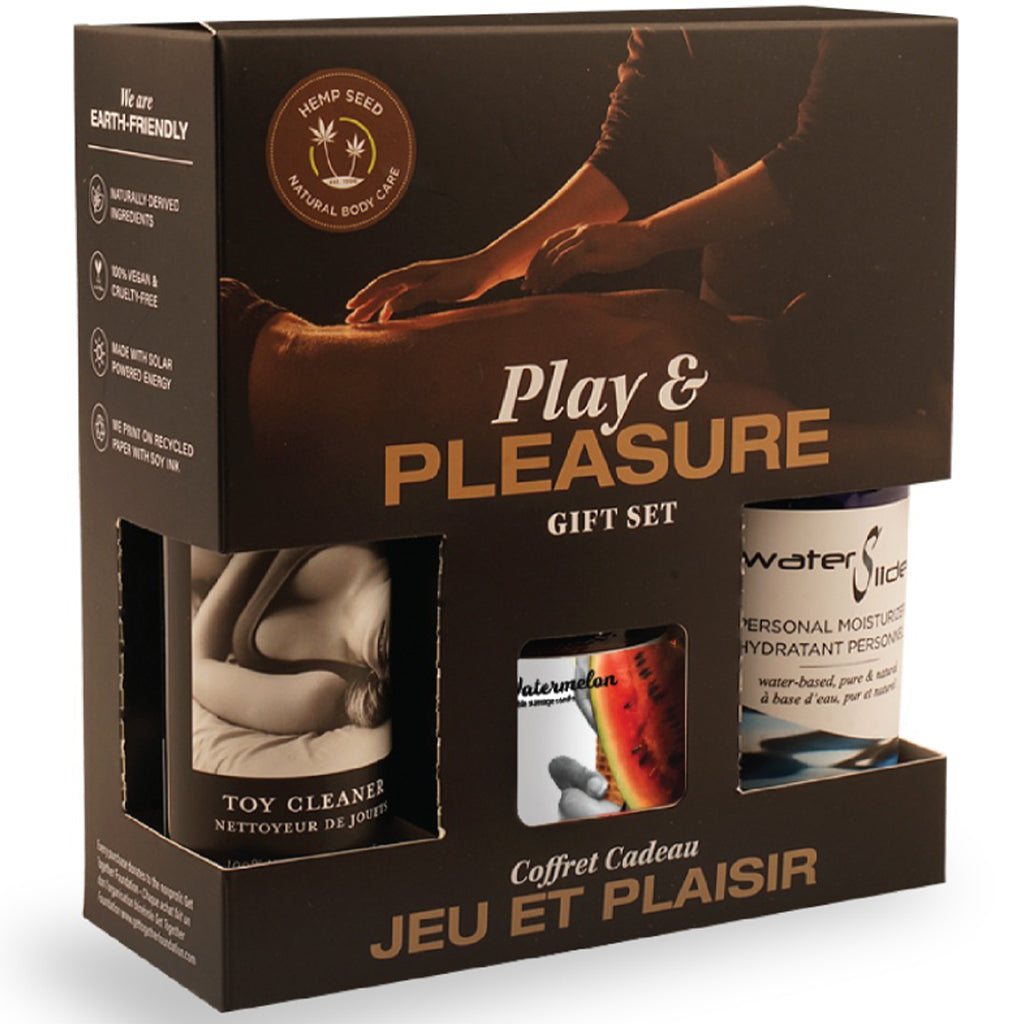 Play & Pleasure gift set with toy cleaner, watermelon massage candle, and personal moisturizer.