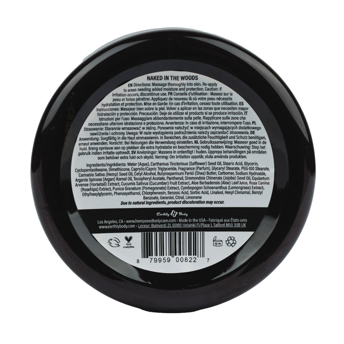 Hemp Seed Body Butter in Naked in the Woods scent with ingredients list.