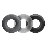 Three stretchy silicone cock rings in dark gray, light gray, and black.