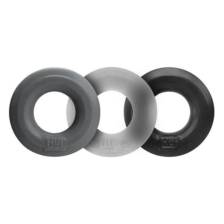 Three stretchy silicone cock rings in dark gray, light gray, and black.
