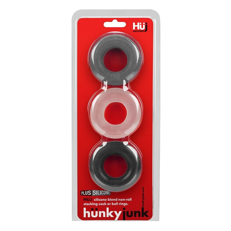 Three stretchy silicone cock rings in black and clear.