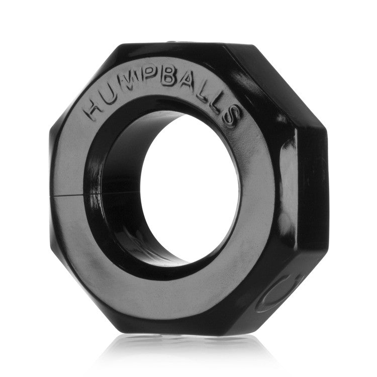 Black Humpballs cock ring and ball stretcher with text.