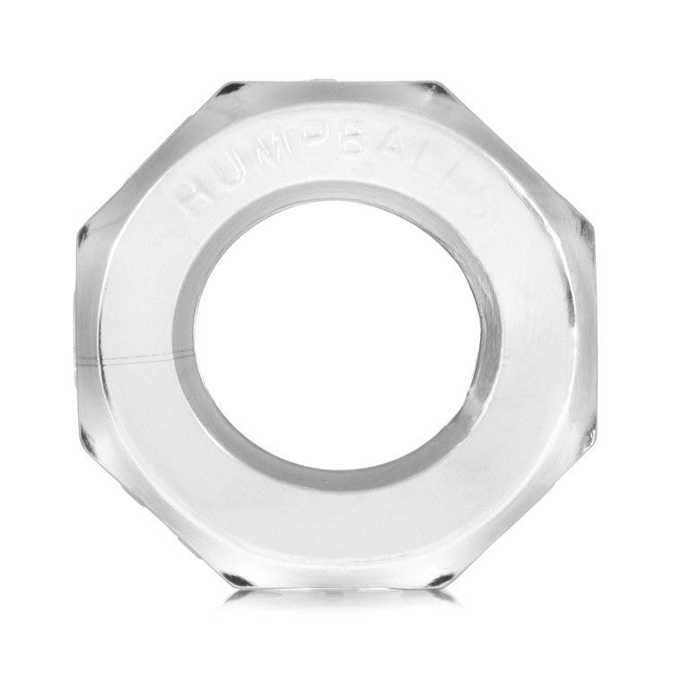 Octagonal clear cock ring with "HUMPBALLS" embossed on the surface.