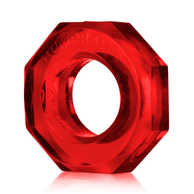 Red octagonal cock ring with "HUMPBALLS" embossed on it.