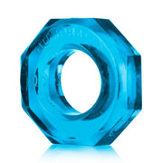 Octagonal ice blue stretchy cock ring and ball stretcher with "Humpballs" embossed.