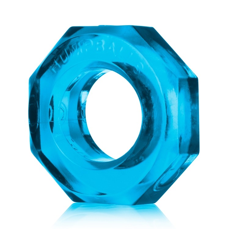 Octagonal ice blue stretchy cock ring and ball stretcher with "Humpballs" embossed.