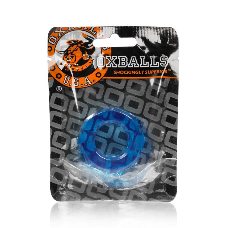 Ice blue Oxballs stretchy cock ring and ball stretcher in packaging.