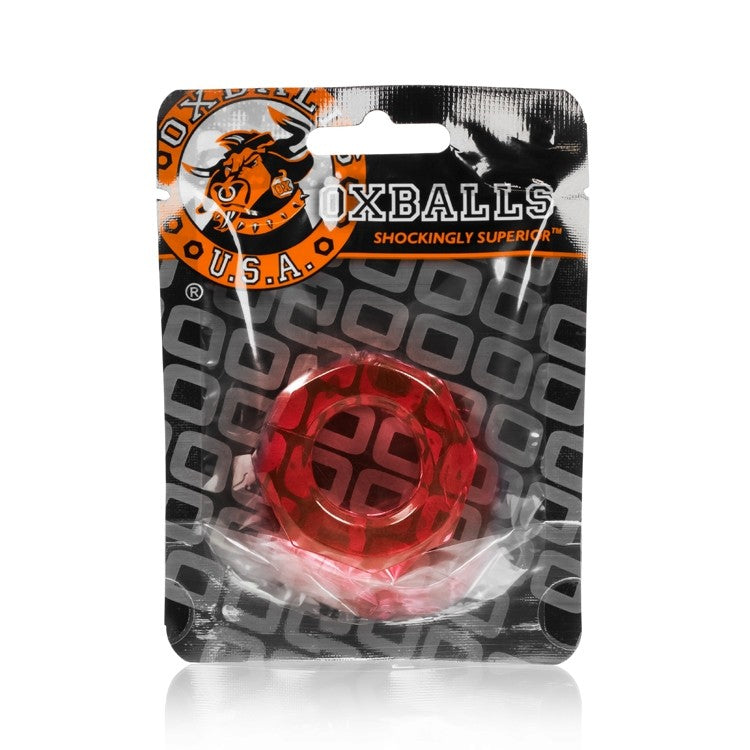 Red OXBALLS cock ring and ball stretcher in packaging.