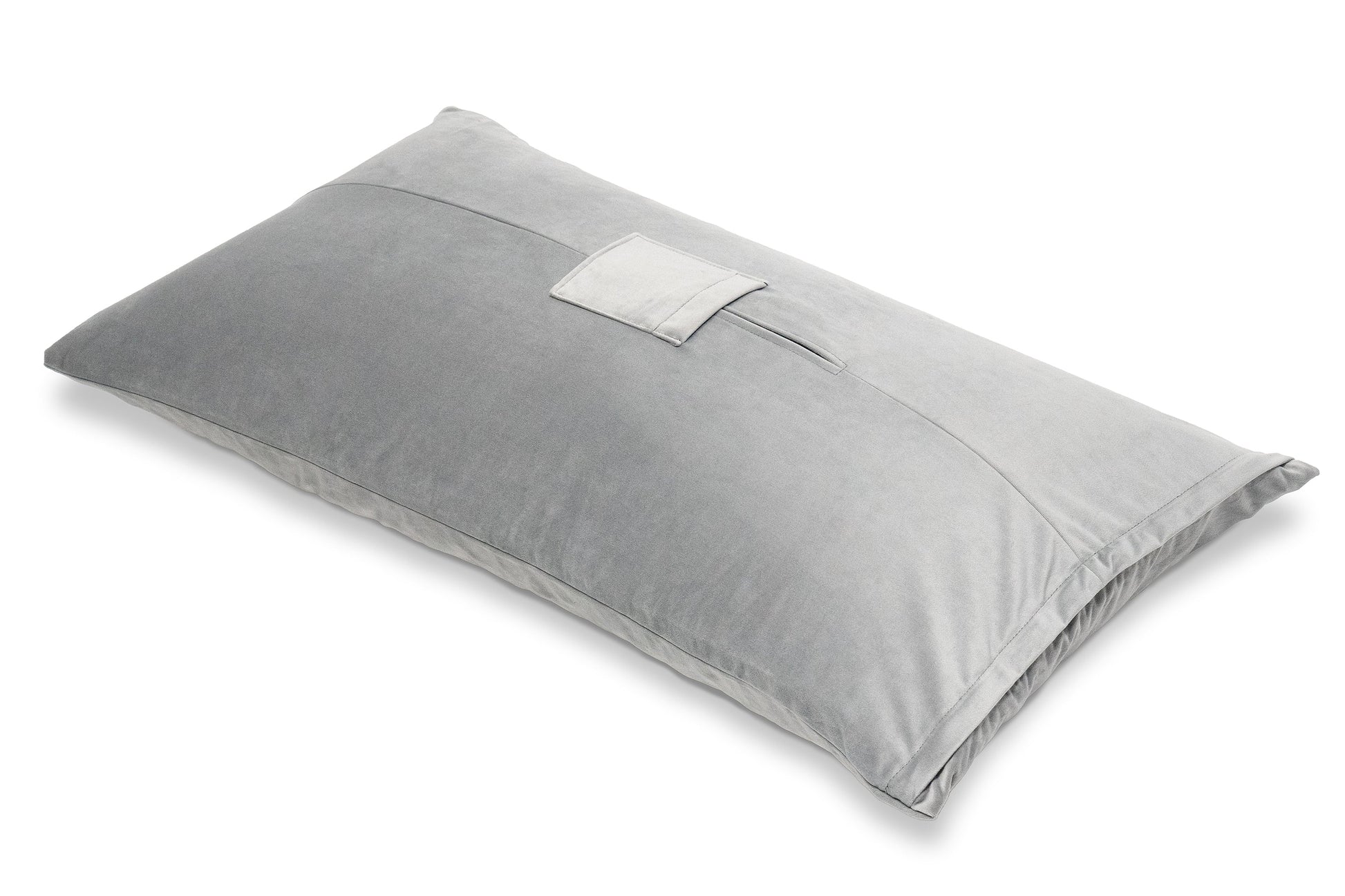 Grey microvelvet sex toy mount pillow with dual pockets.