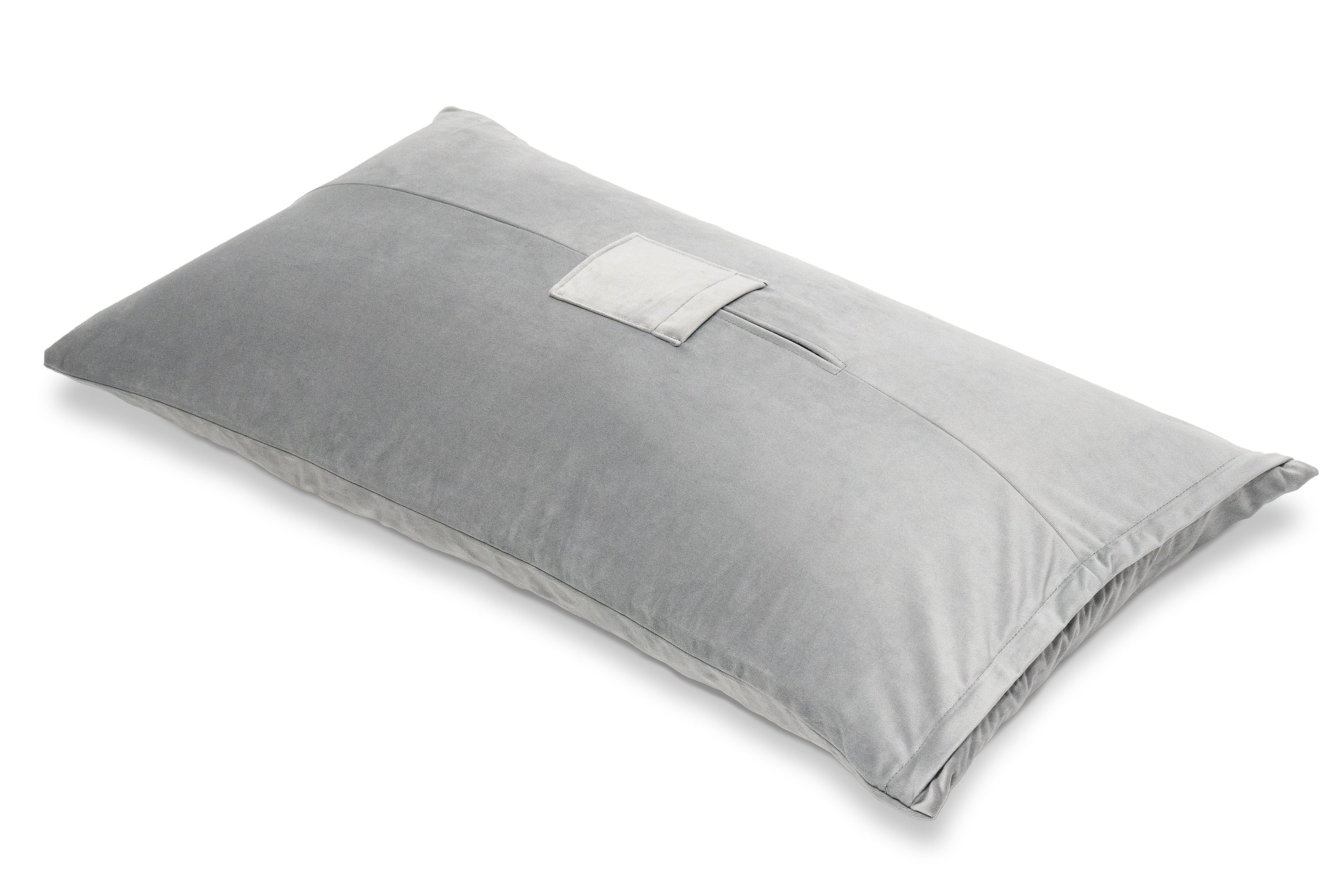 Grey microvelvet sex toy mount pillow with dual pockets.