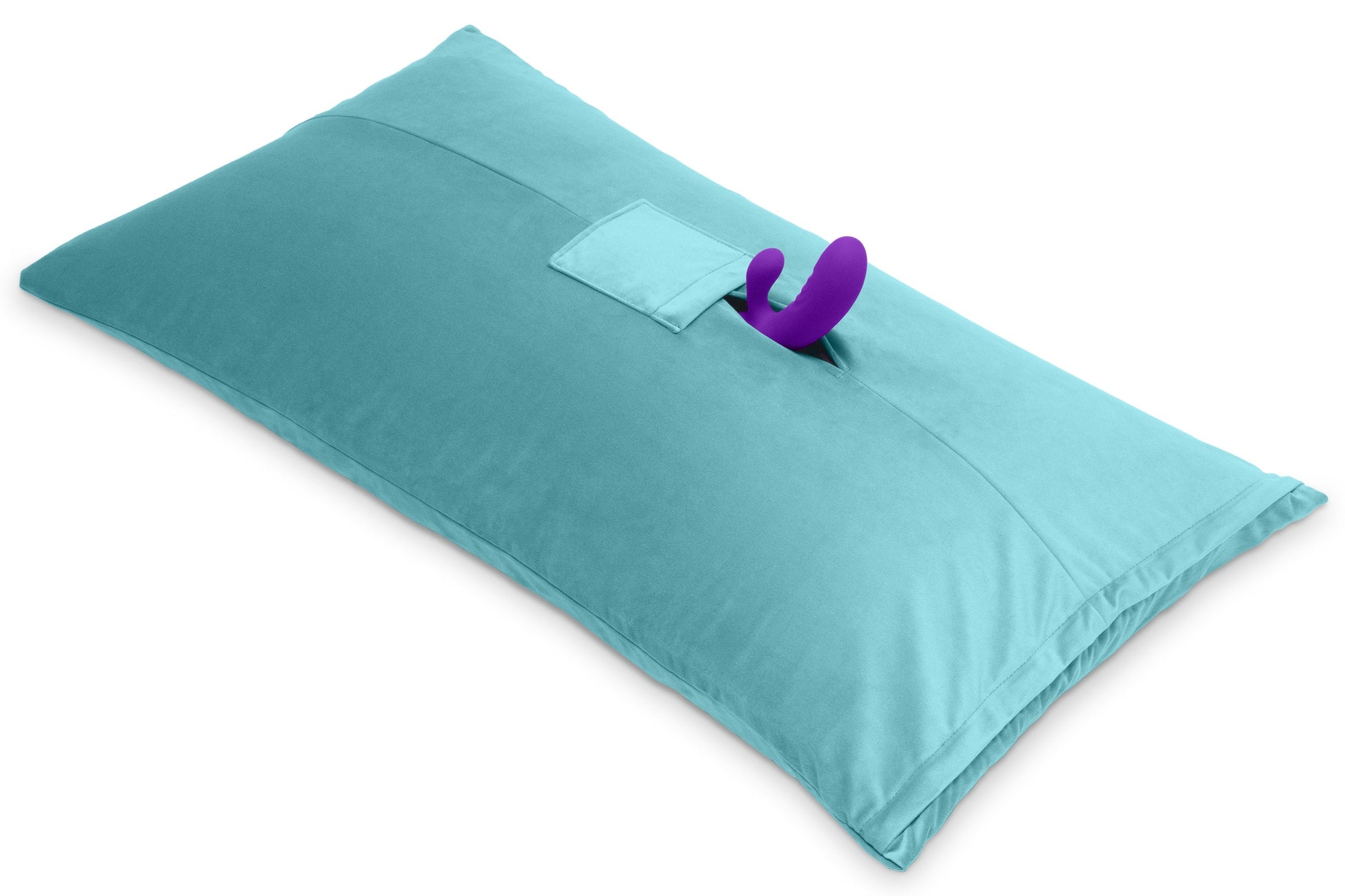 Teal microvelvet sex toy mount pillow with dual pockets.