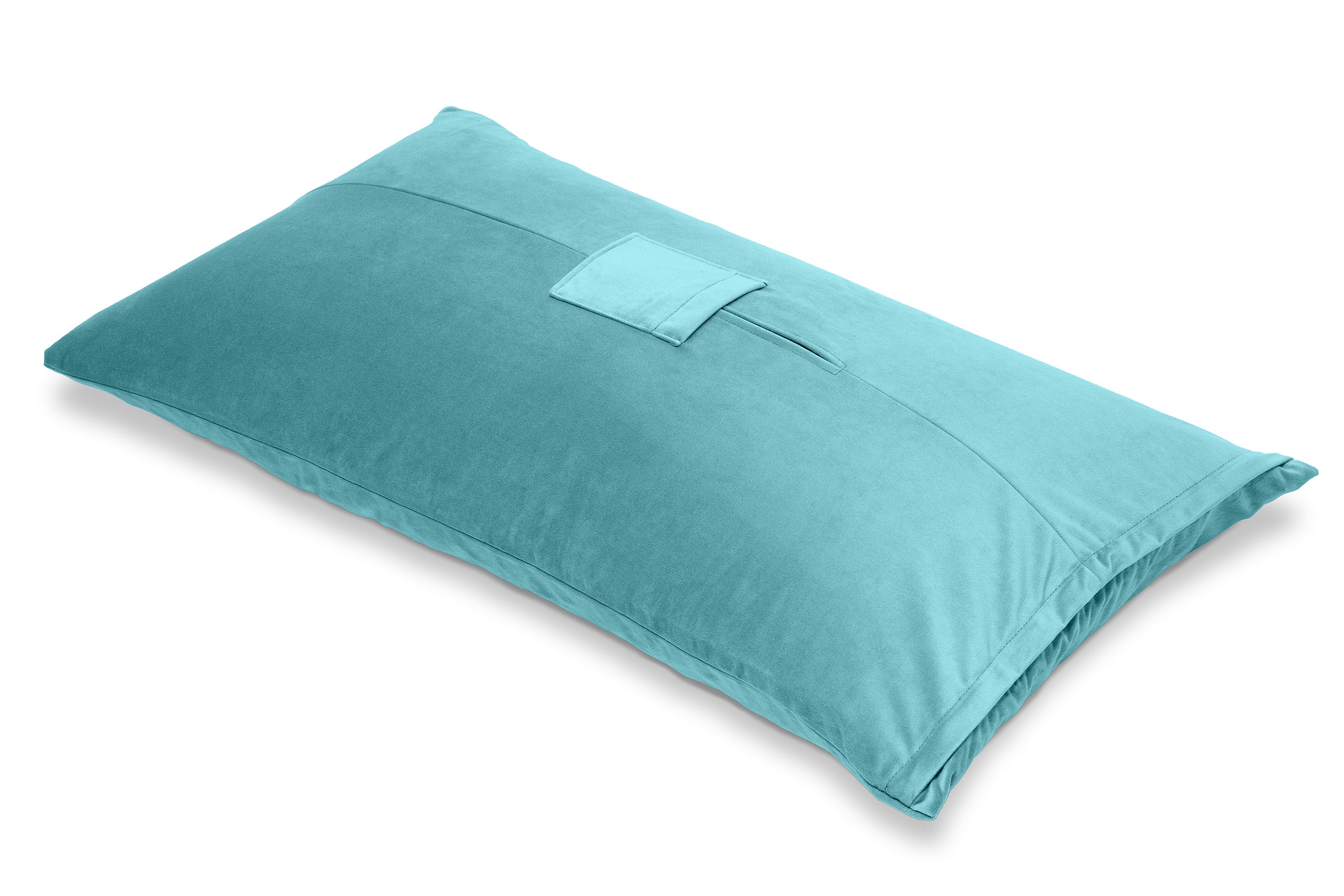 Teal microvelvet mount pillow with dual toy pockets.