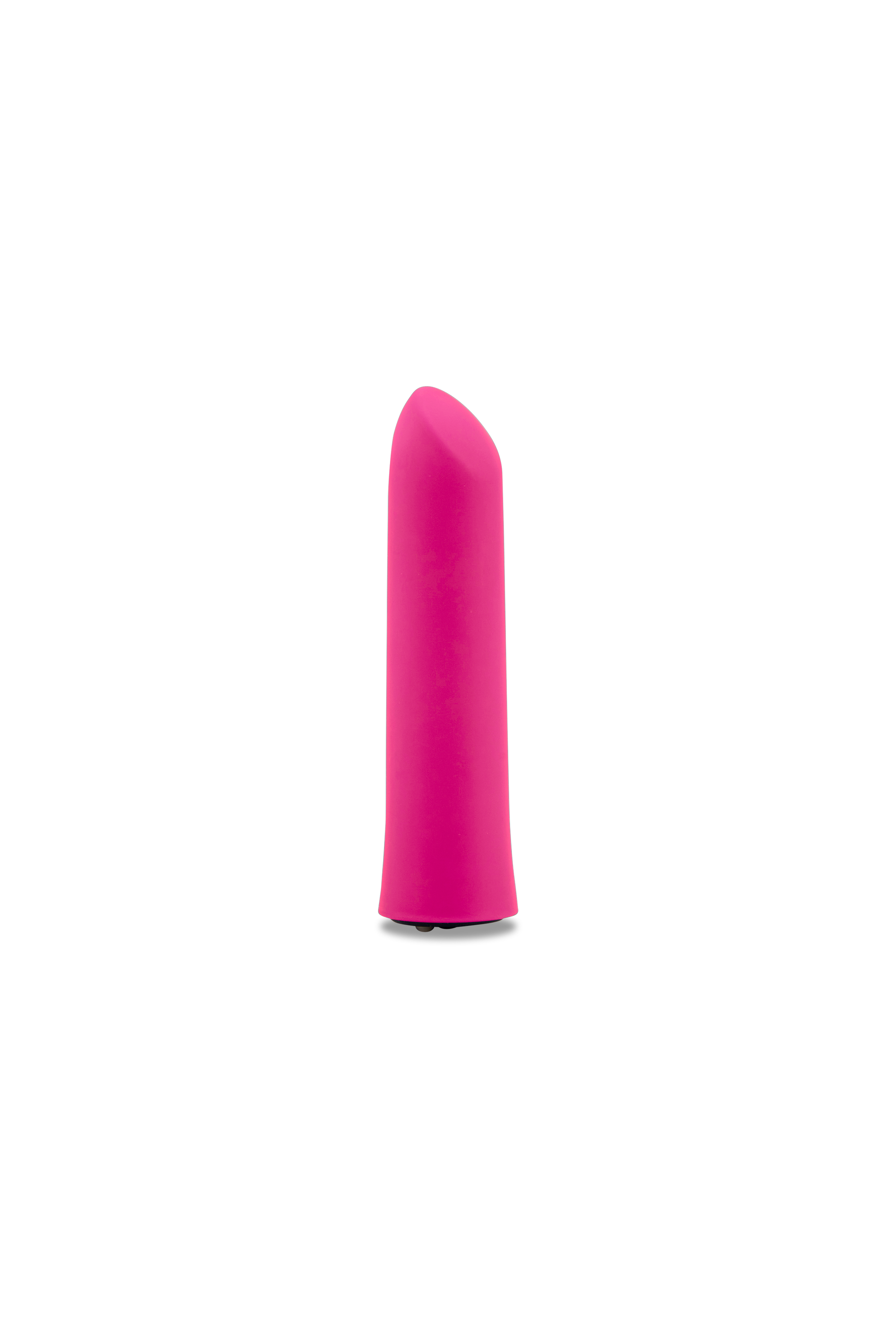 A deep pink silicone vibrator with a slanted tip.