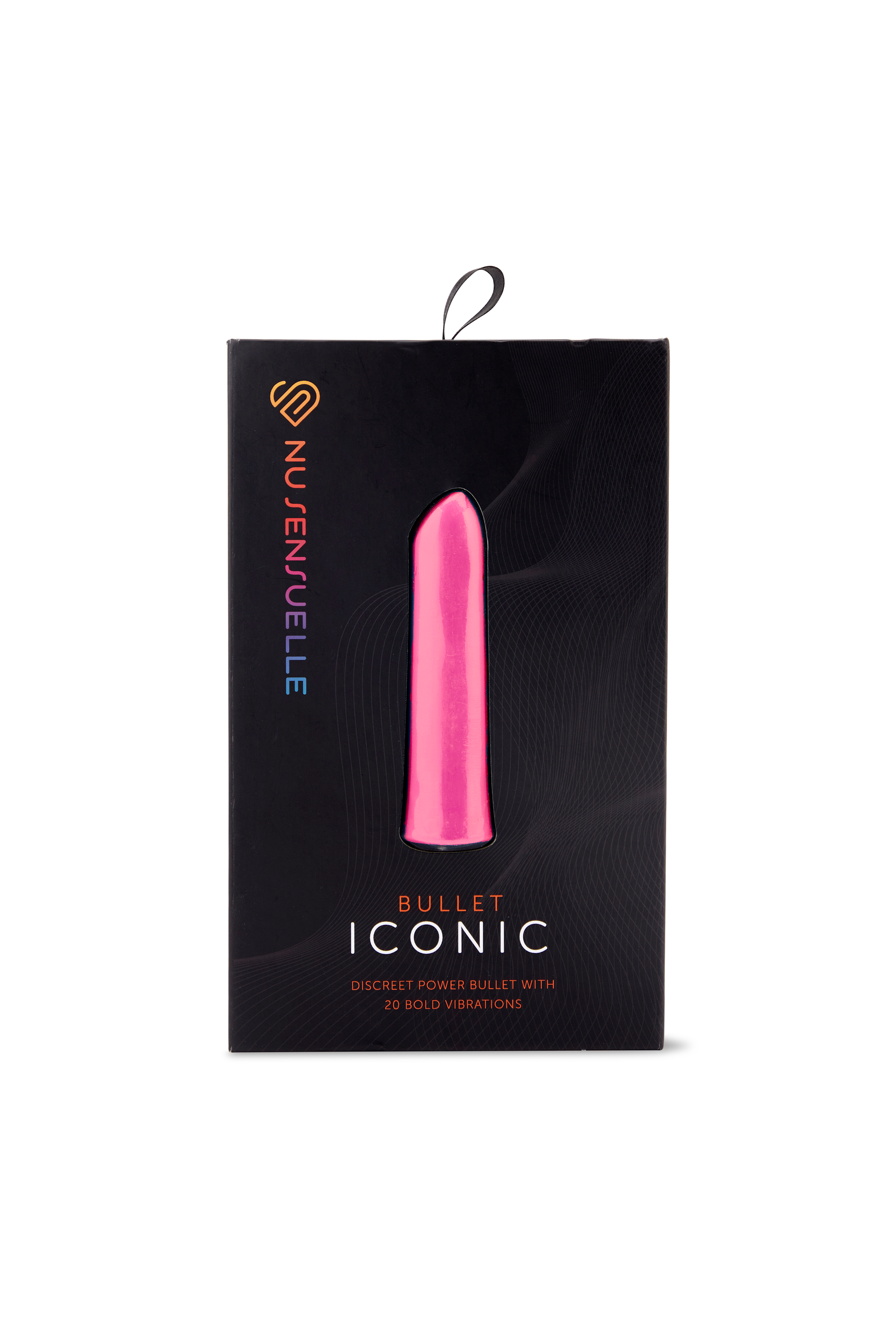 A pink bullet vibrator in its black packaging.