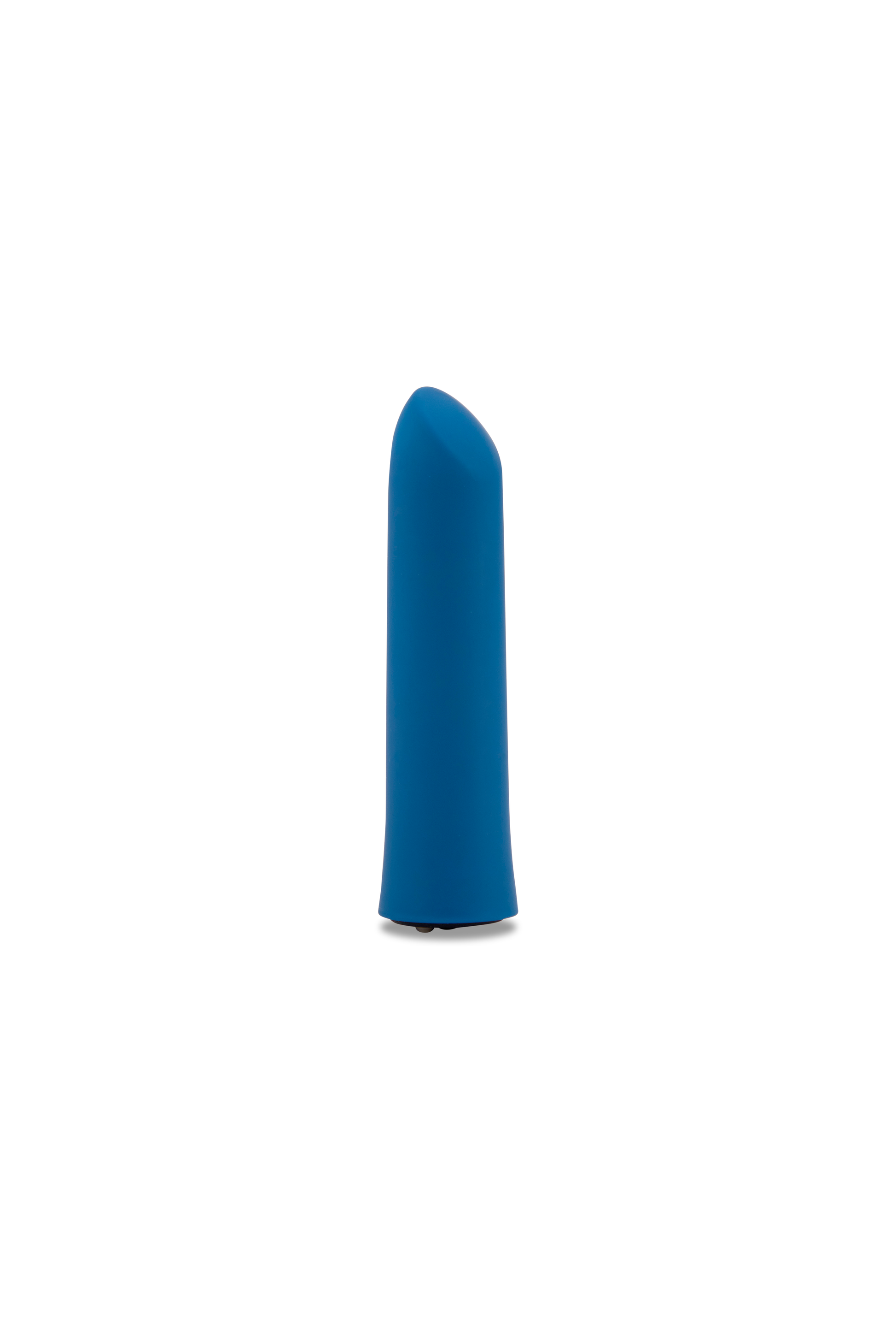 A deep turquoise bullet vibrator with a slanted tip.