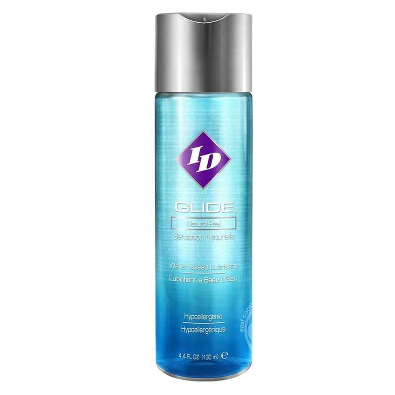 ID Glide water-based personal lubricant in a clear bottle with a silver cap.
