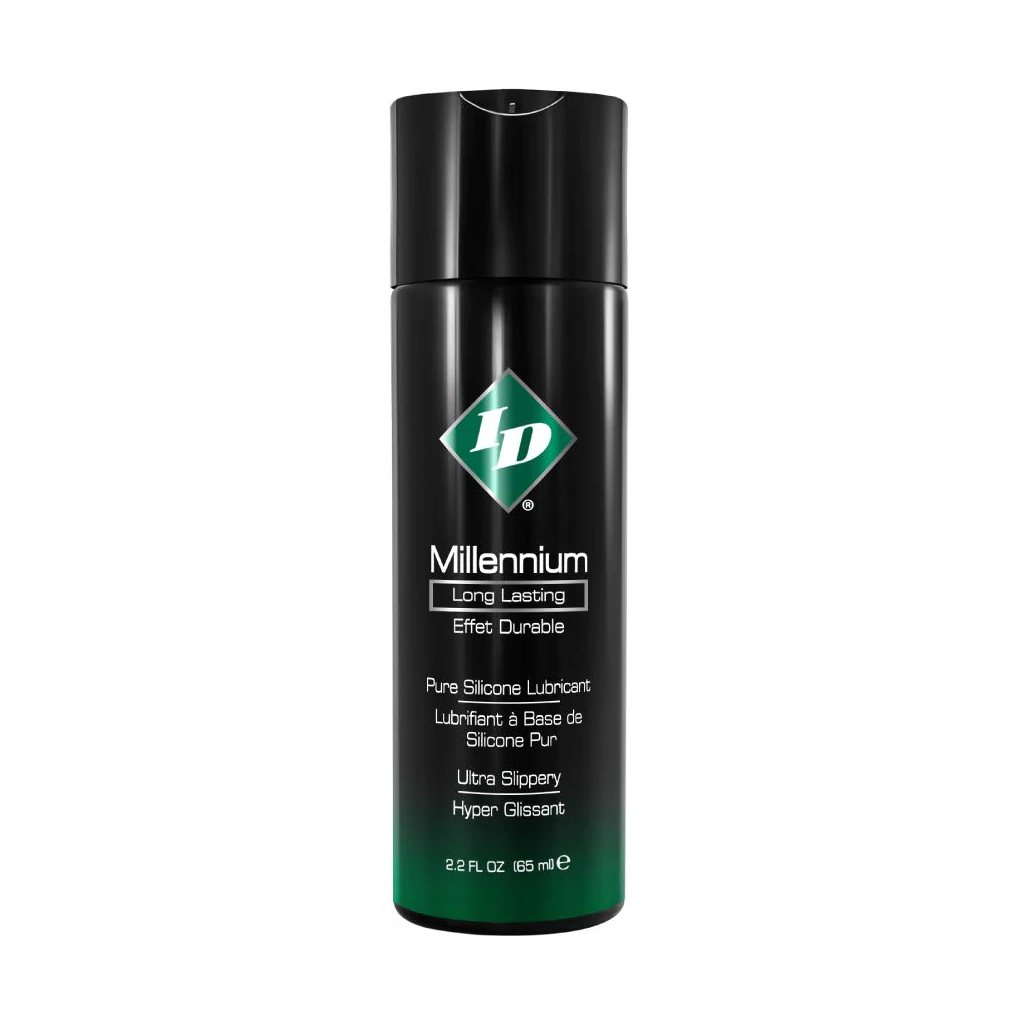 Millennium Long Lasting Pure Silicone Lubricant in a black bottle.