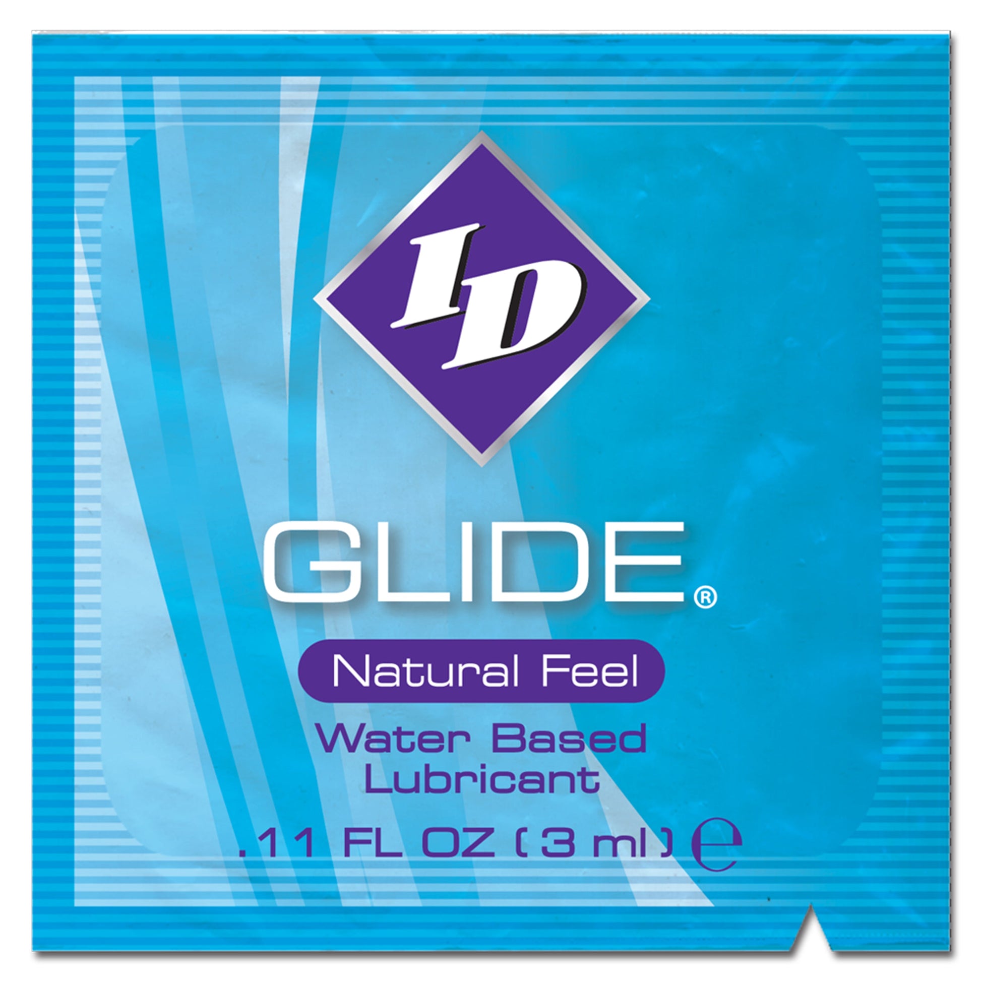 ID Glide water-based lubricant packet with purple logo and blue background.