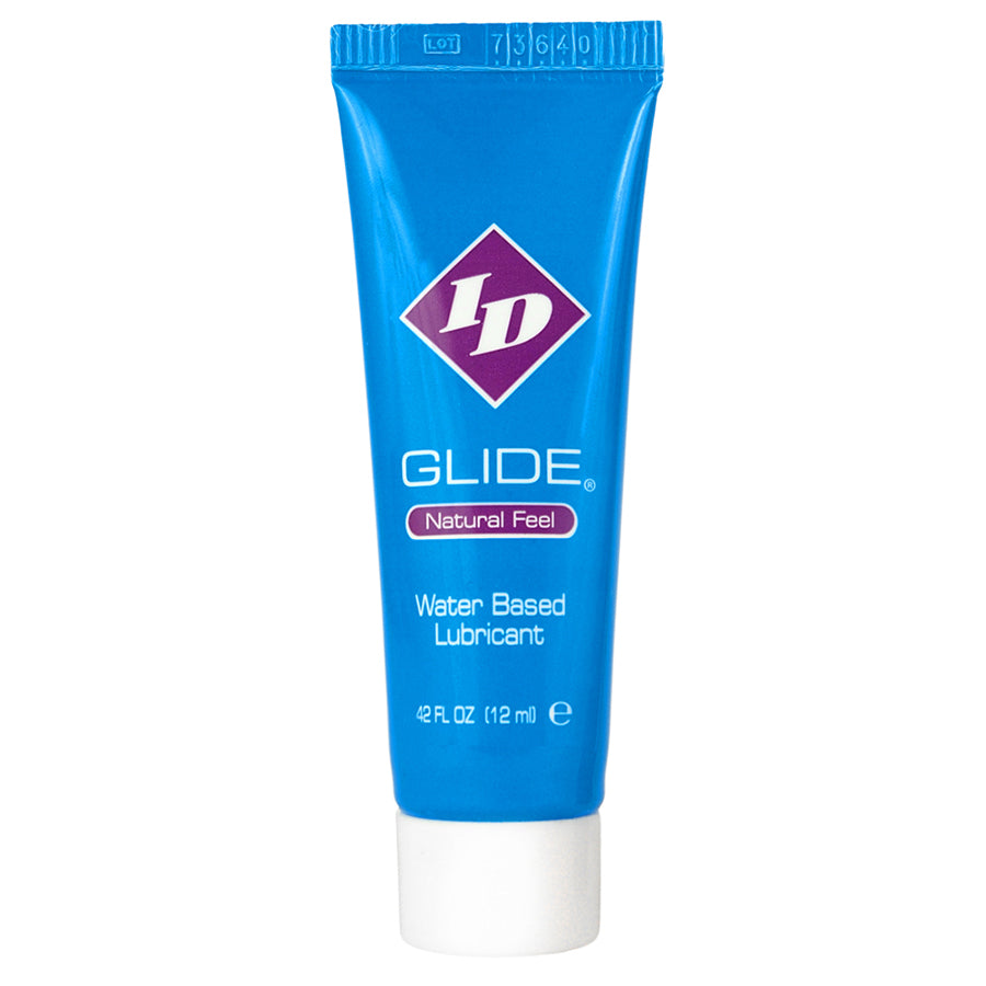 ID Glide water-based lubricant in a blue tube with a white cap.