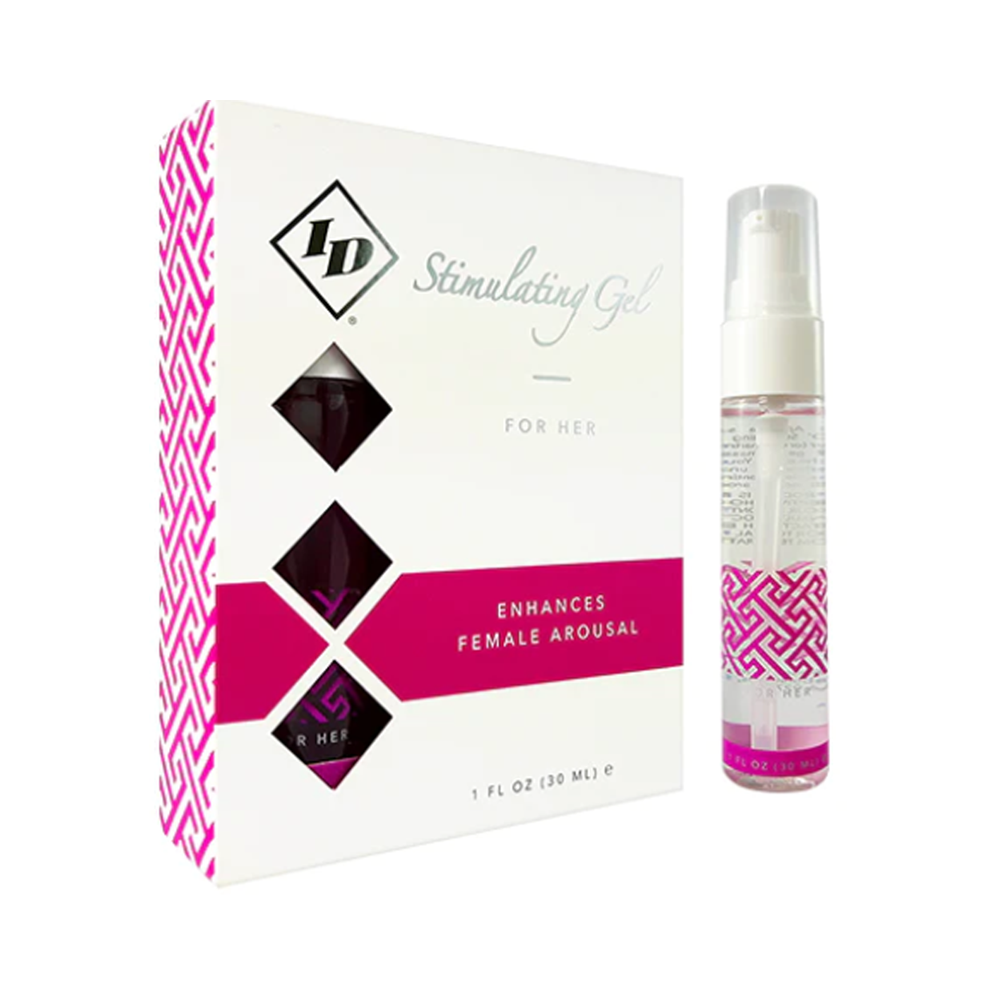 ID Stimulating Gel for Her box and bottle with pink geometric pattern.