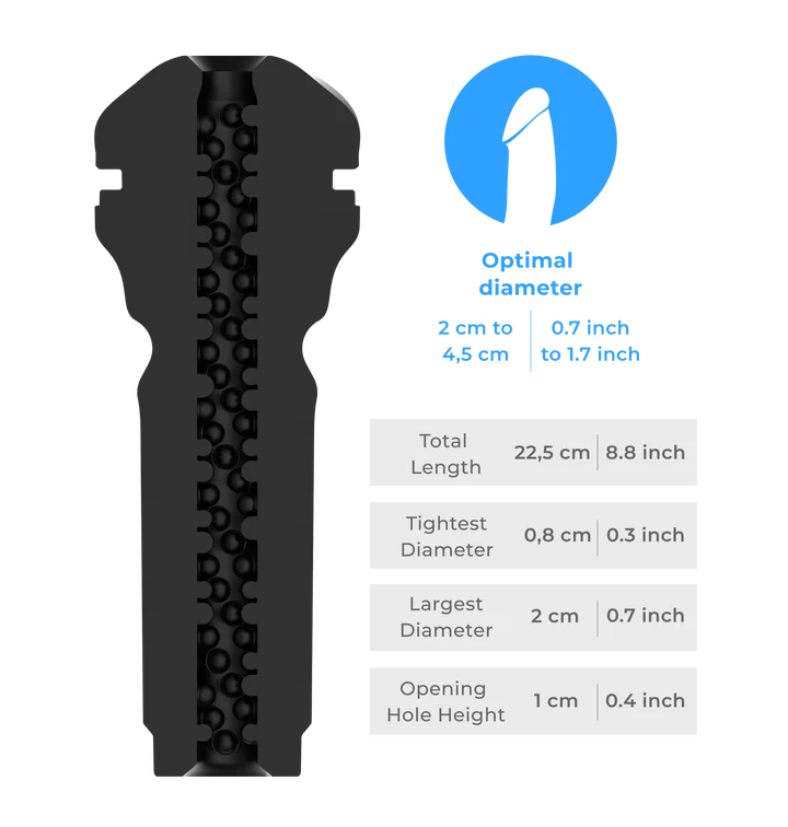 Kiiroo FeelSensation TPE stroker sleeve with textured interior and detailed dimensions.