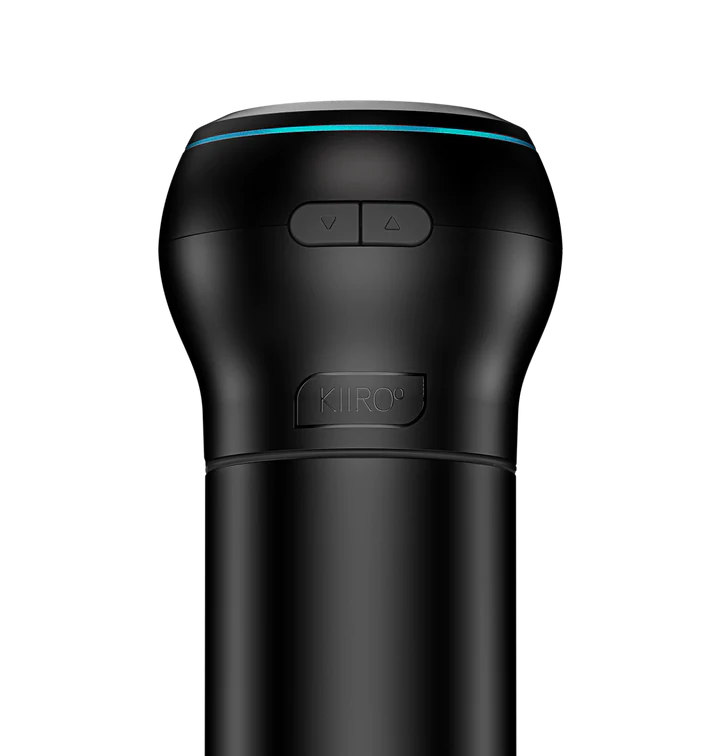Black Kiiroo oral stroker with blue light and buttons.