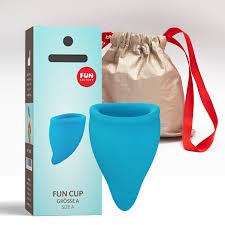 Blue reusable menstrual cup with a storage bag.
