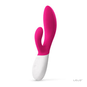 A pink and white Lelo Ina Wave 2 rabbit vibrator with two curved ends.