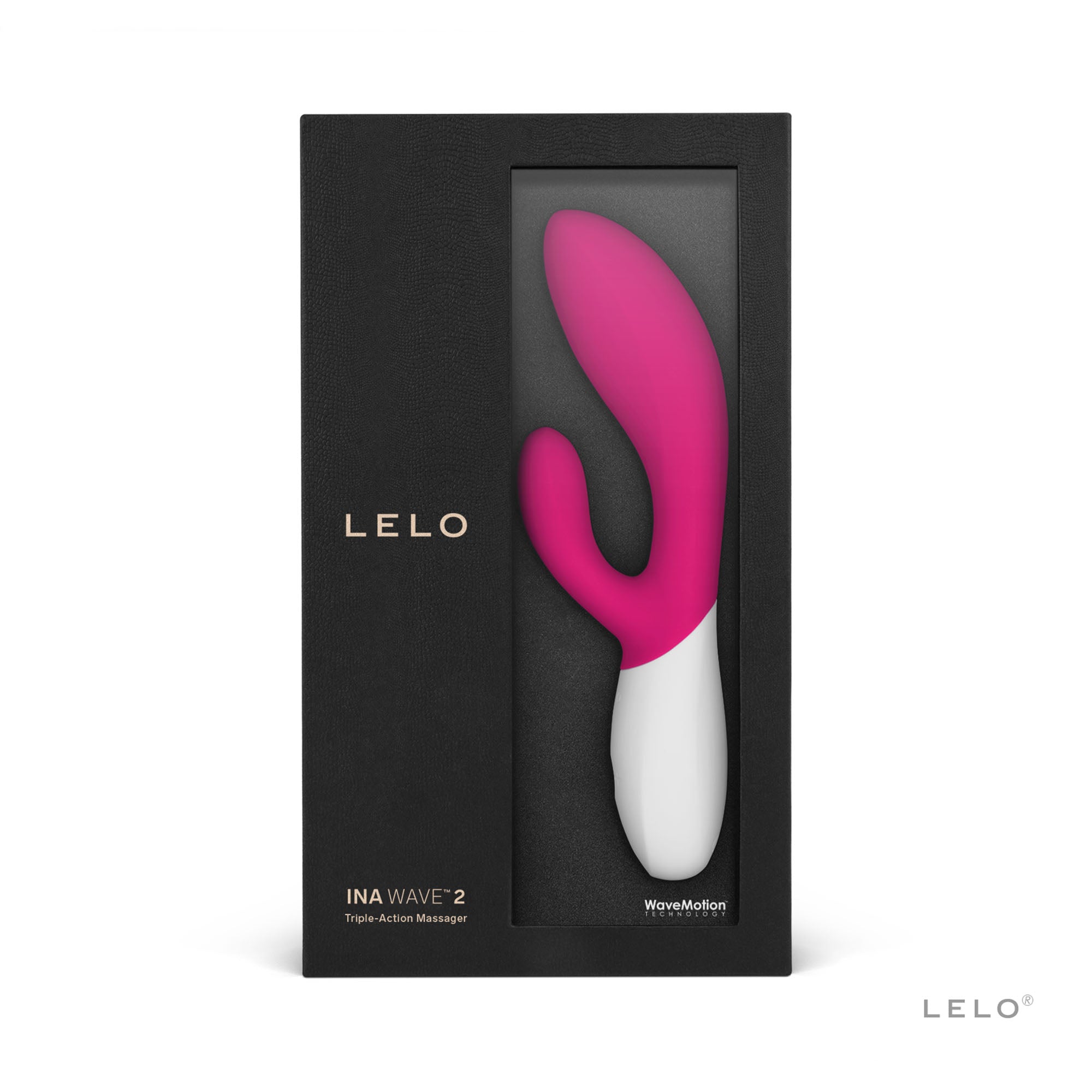 A pink and white Lelo Ina Wave 2 massager in its black packaging.