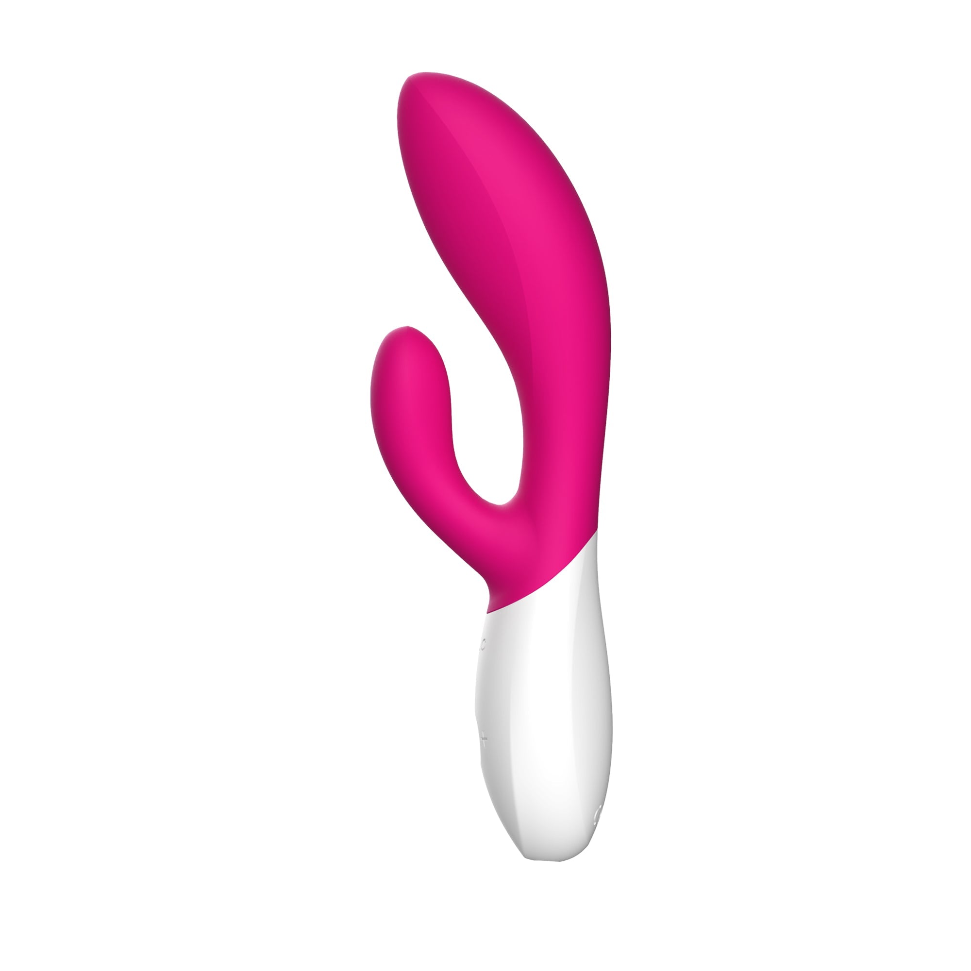 A pink and white rabbit vibrator with a curved design.