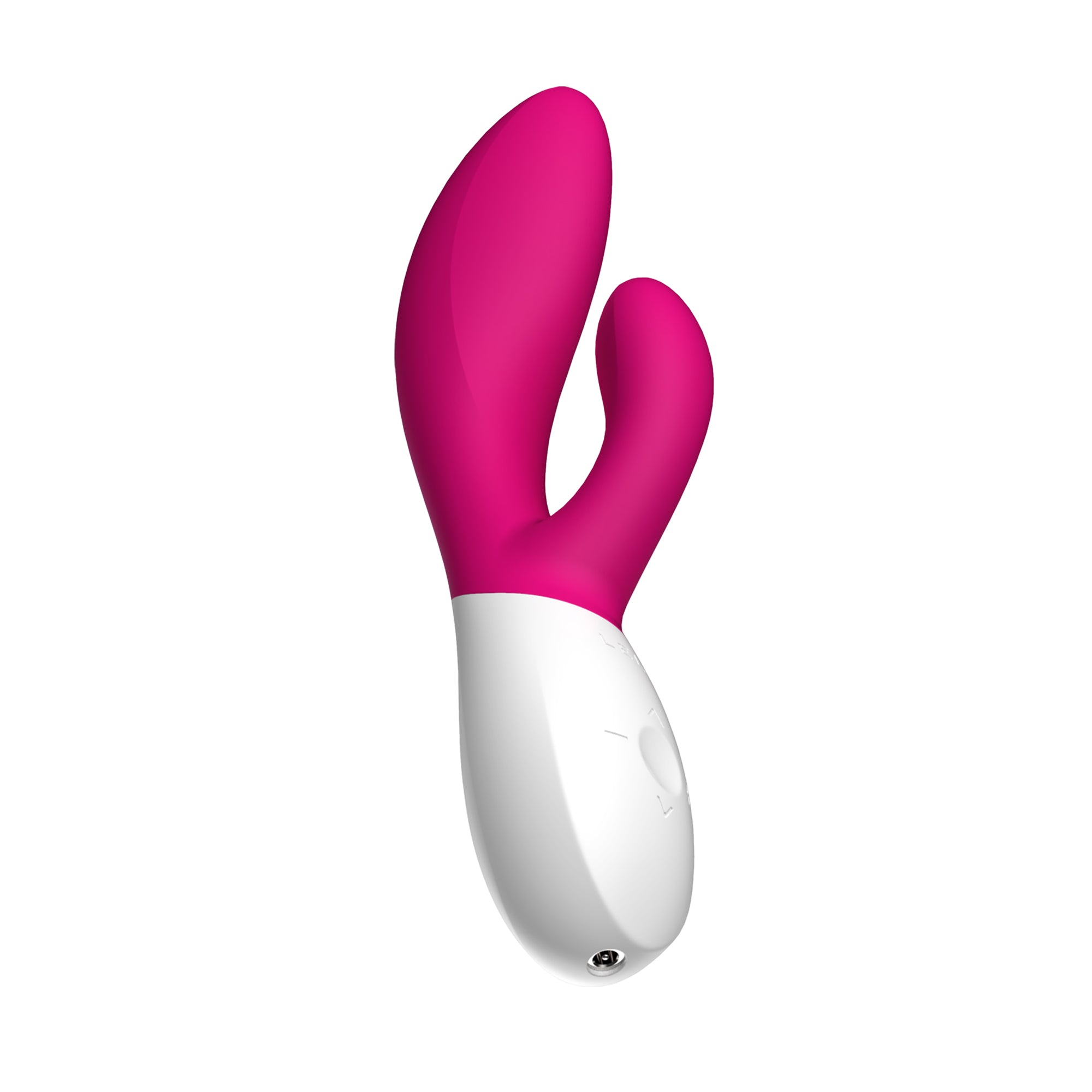 A pink and white rabbit vibrator with two curved stimulators.