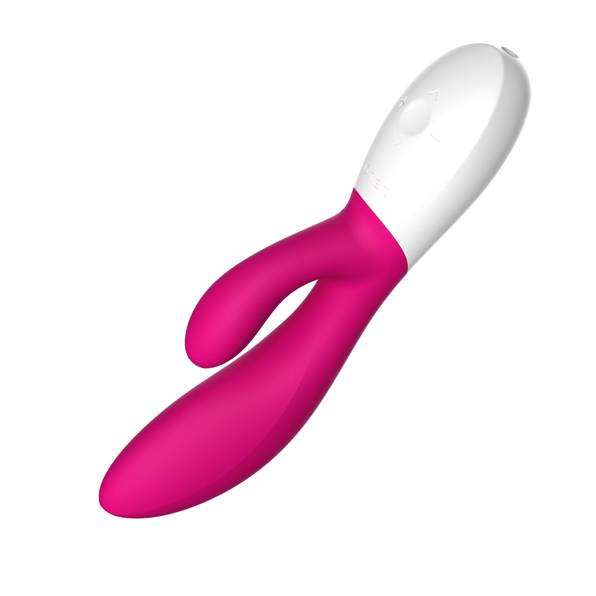 A pink and white Lelo Ina Wave 2 rabbit vibrator with buttons.