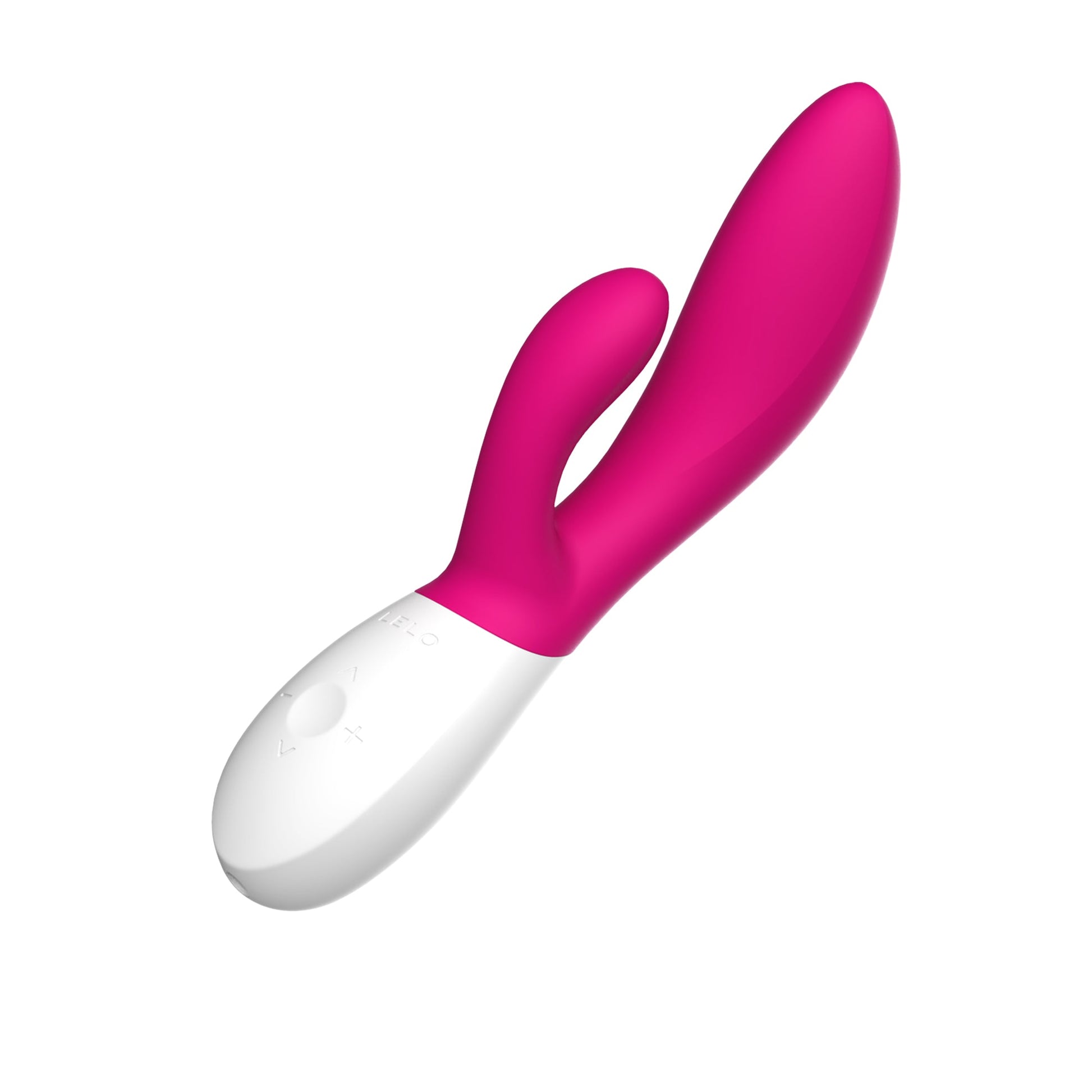 A pink and white rabbit vibrator with two ear-like protrusions and control buttons.