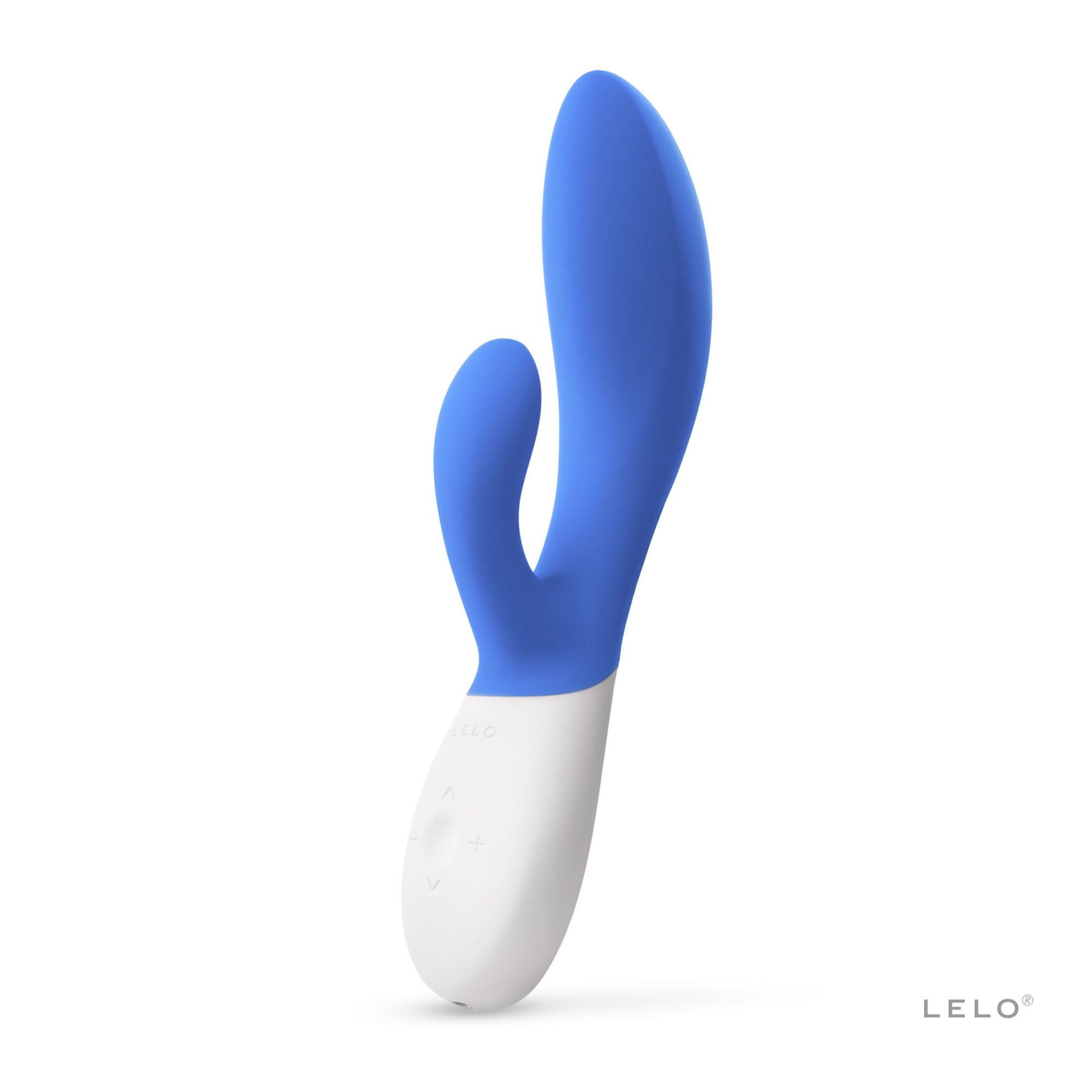 A blue and white Lelo Ina Wave 2 rabbit vibrator with buttons on the base.