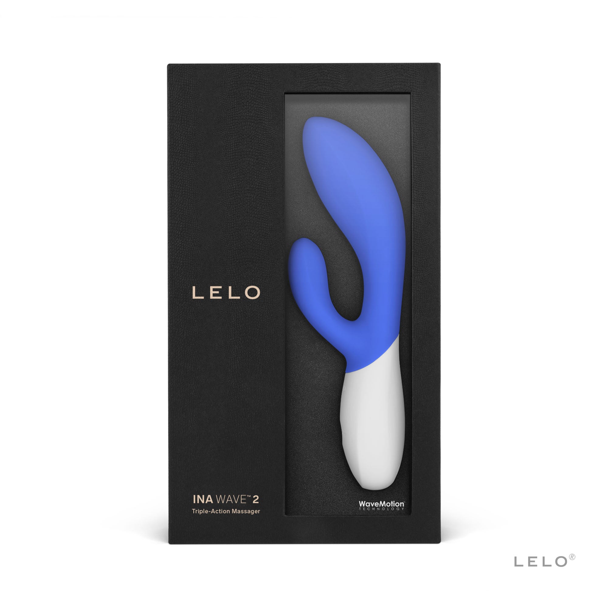 Blue and white Lelo Ina Wave 2 massager in its black packaging.