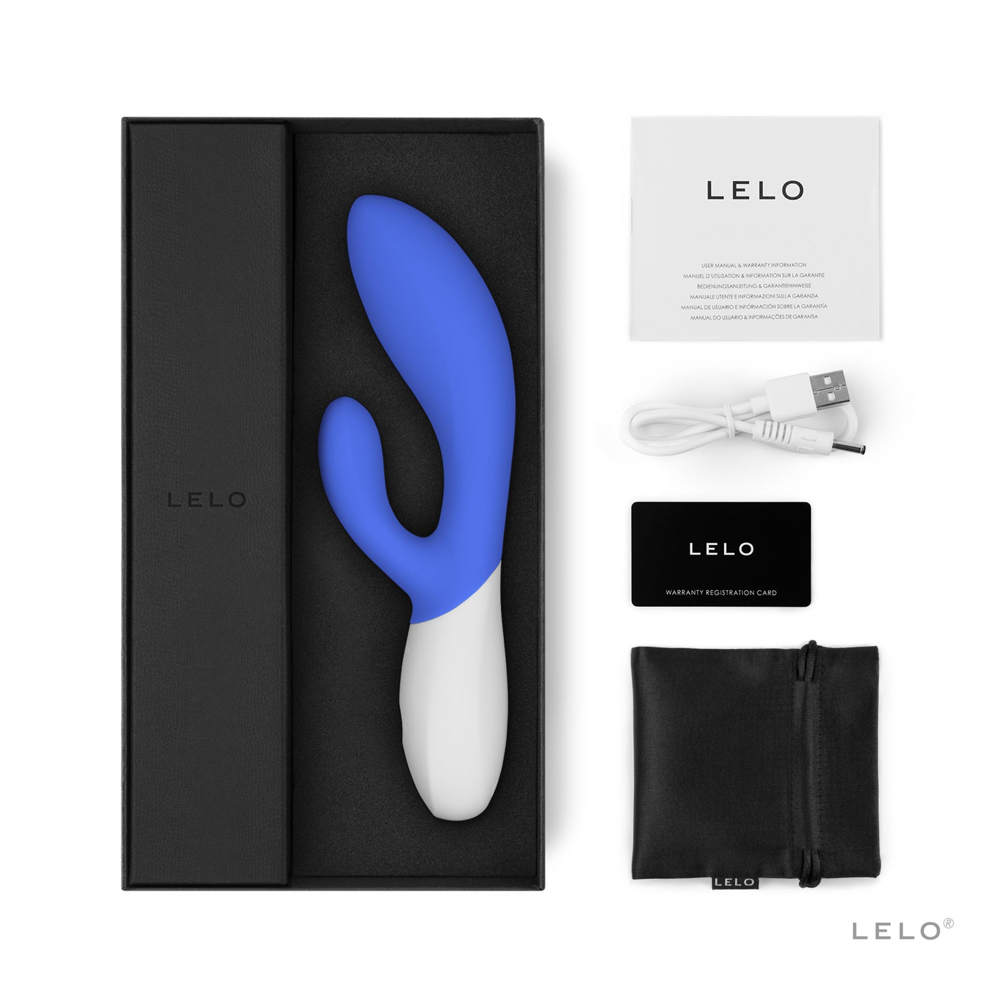 LELO Ina Wave 2 rabbit vibrator in blue and white, with charging cable, warranty card, and storage pouch.