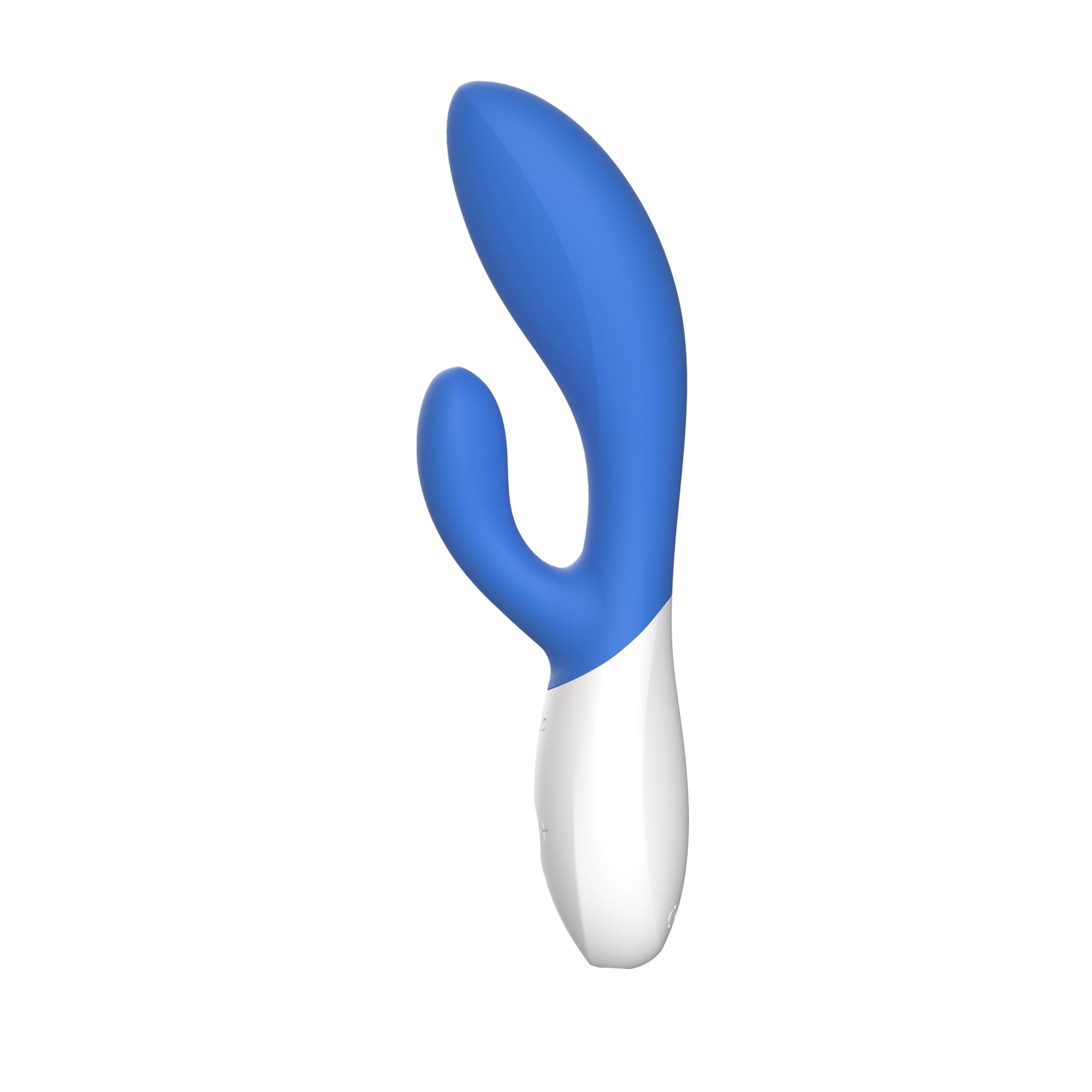 Blue and white rabbit vibrator with a curved design.