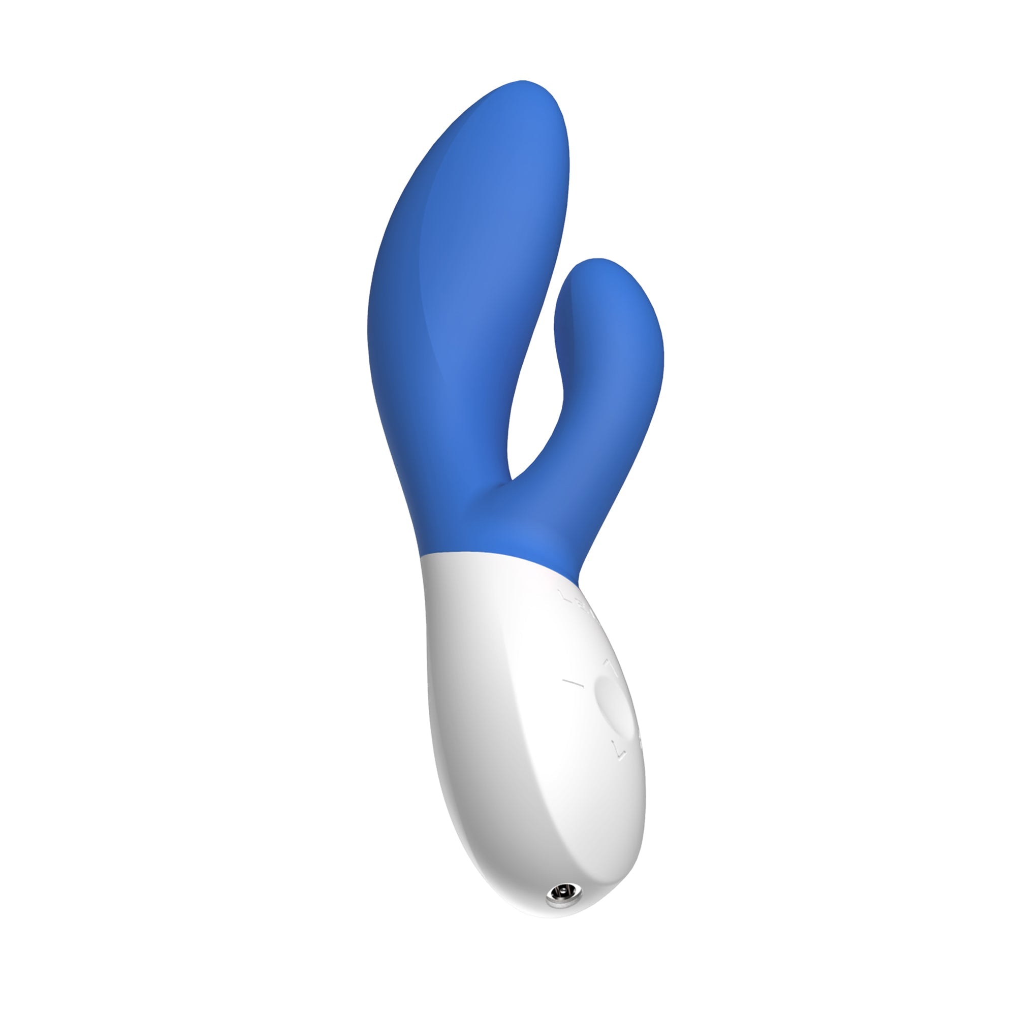 A blue and white rabbit vibrator with a curved design.
