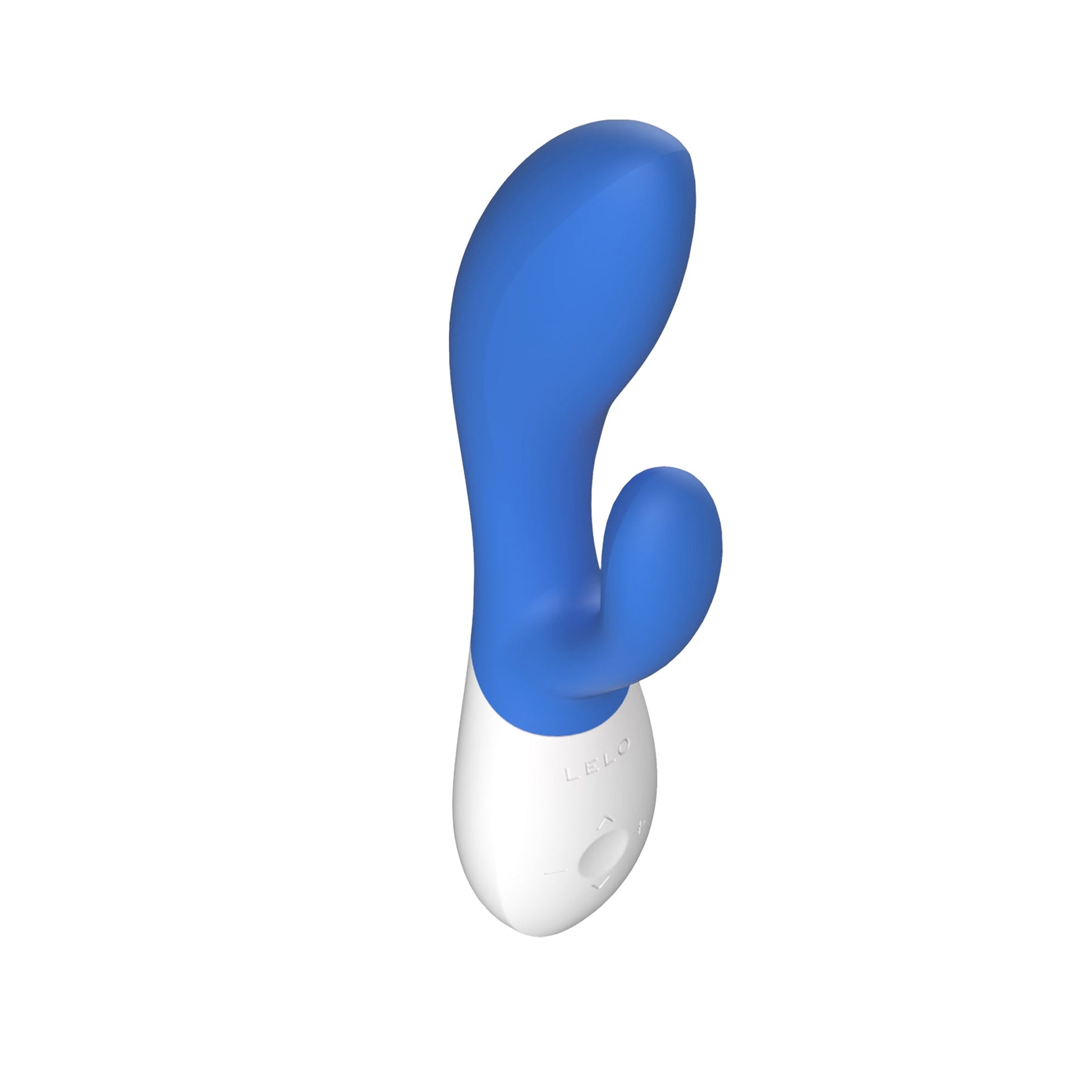 Blue and white Lelo Ina Wave 2 rabbit vibrator with a curved shape.