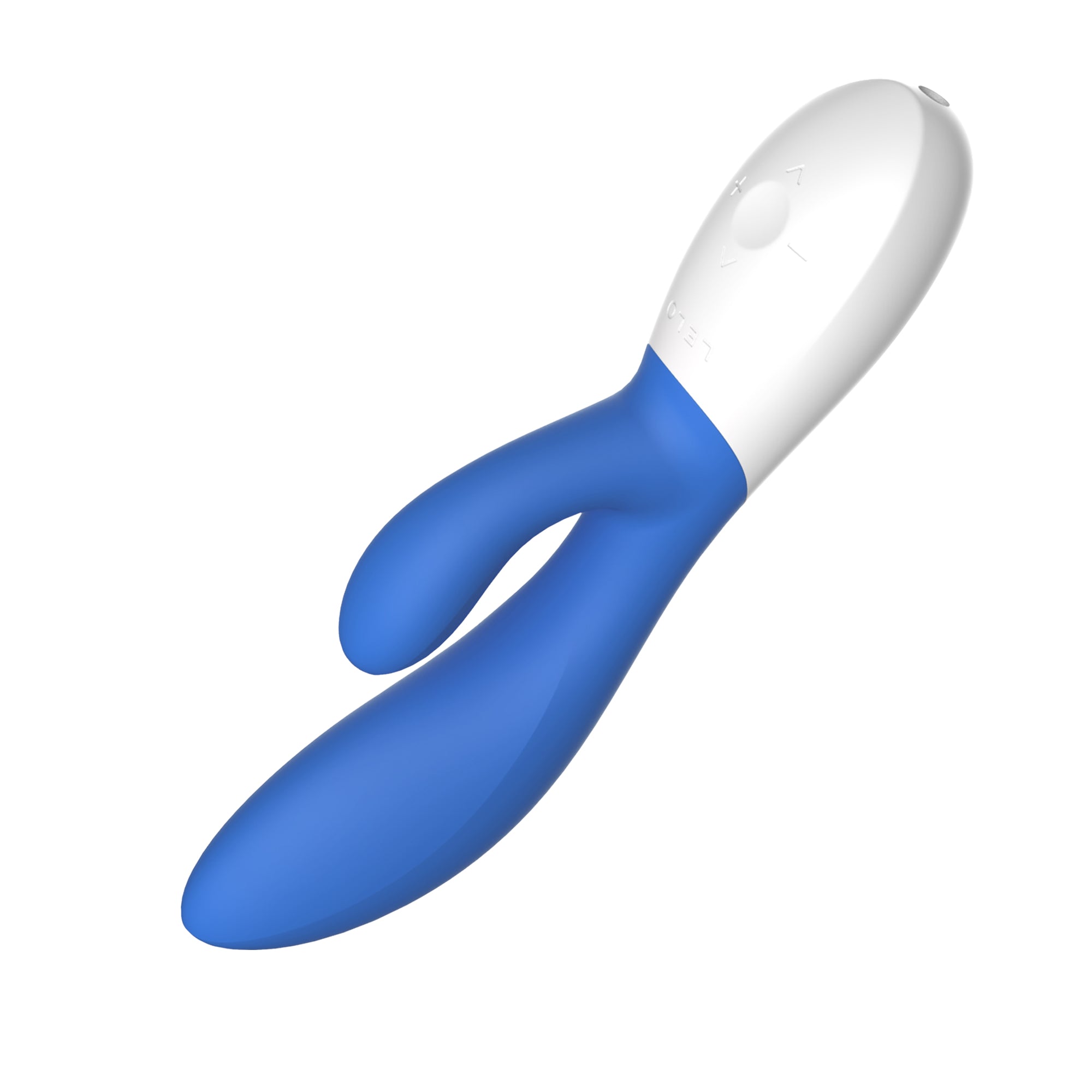 A blue and white rabbit vibrator with buttons and the Lelo logo.