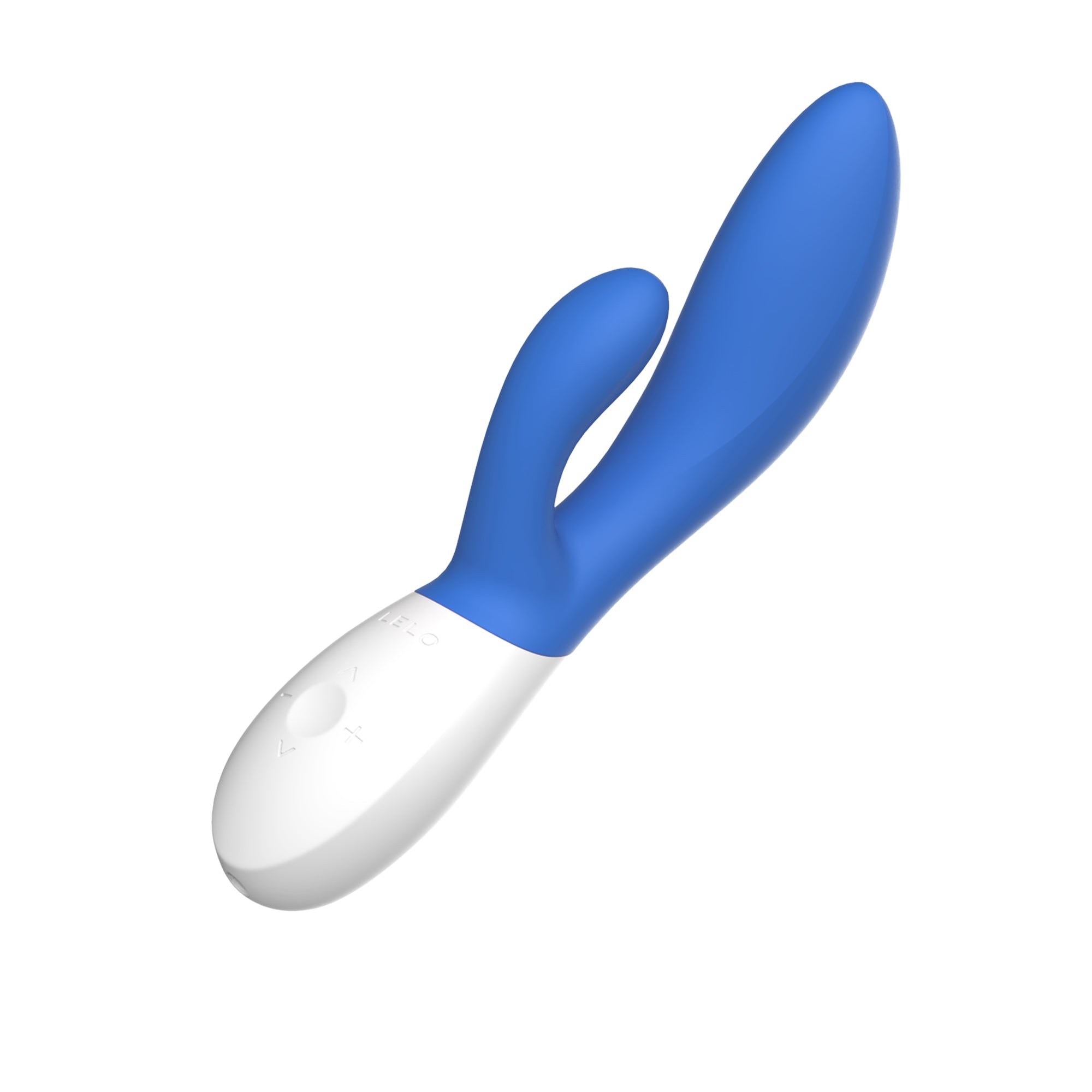 Blue and white rabbit vibrator with two ears and control buttons.