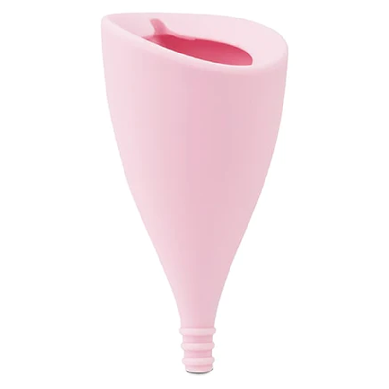 A pink Lily Cup menstrual cup with a ribbed stem.