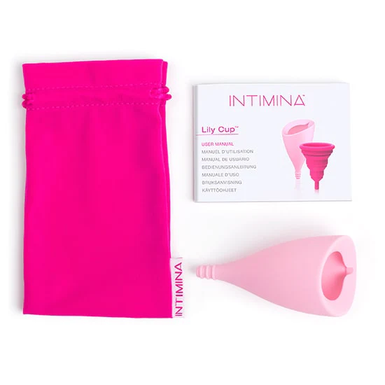 Pink Lily Cup menstrual cup with storage bag and user manual.