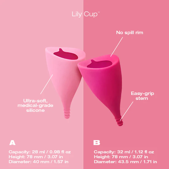 Two Lily Cup menstrual cups, one pink and one magenta, with size and feature details.