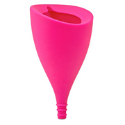 A bright pink Lily Cup menstrual cup with a ribbed stem.