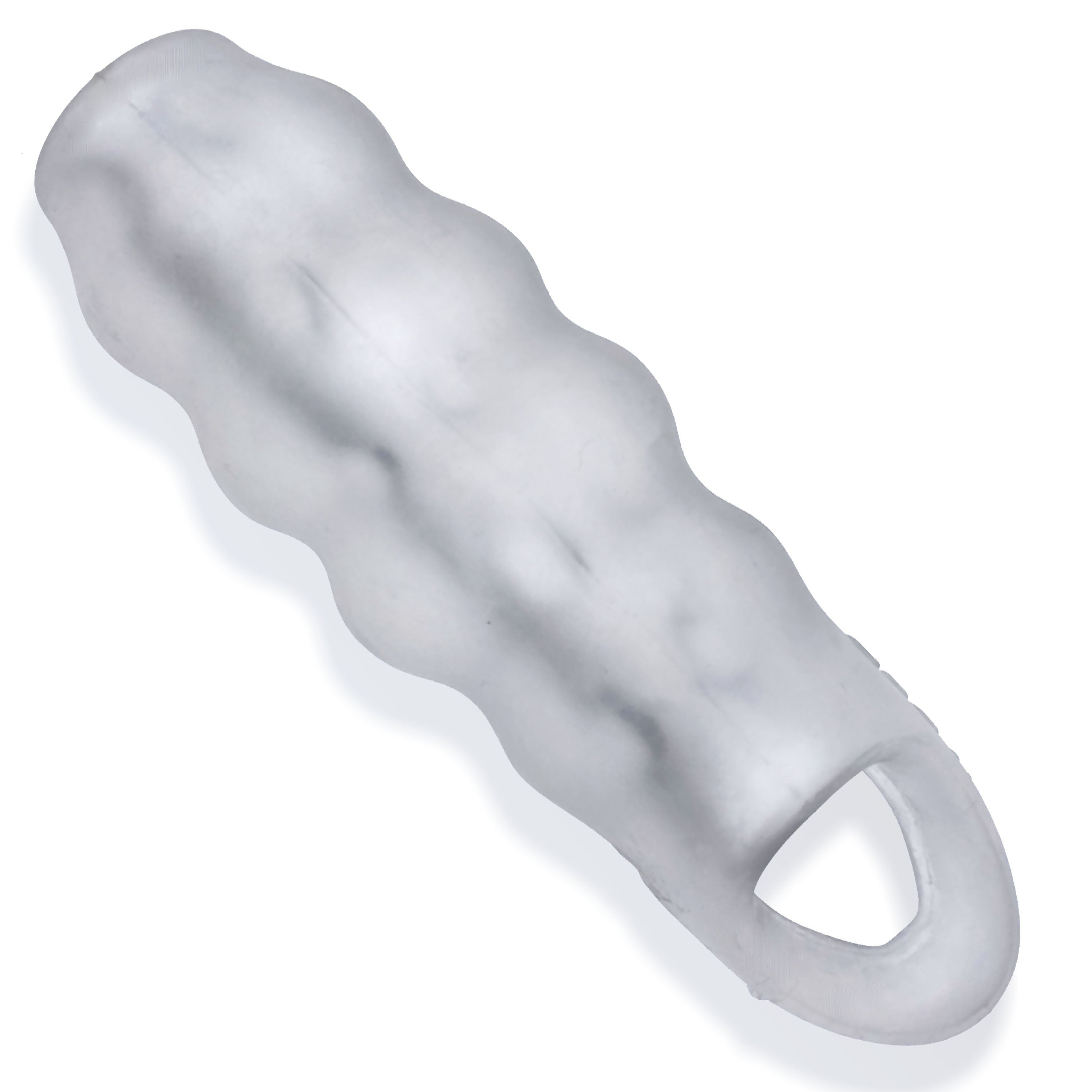 Clear ice textured silicone cocksheath with an open end and wavy ripples.