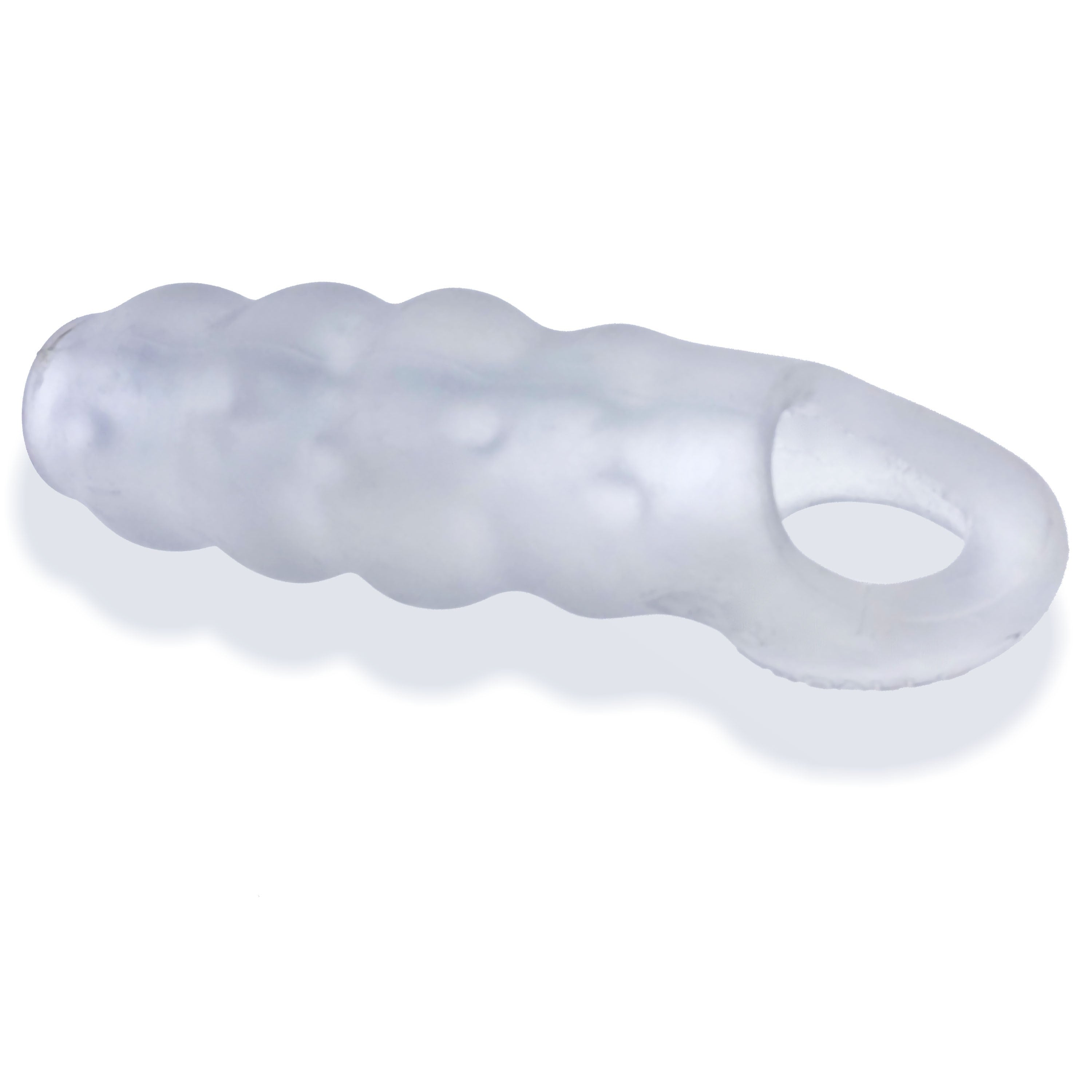 Clear ice textured silicone cocksheath with an open end and a ring.